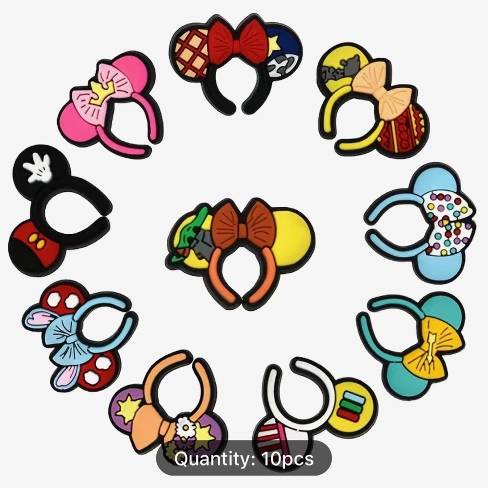 10 Piece Disney Mickey & Minnie Mouse Headband Shoe Charm Set, NWT.